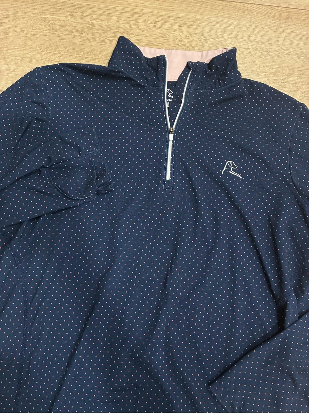 Rhoback Women’s Performance Quarter Zip Navy Pink Polka Dot Golf Size L